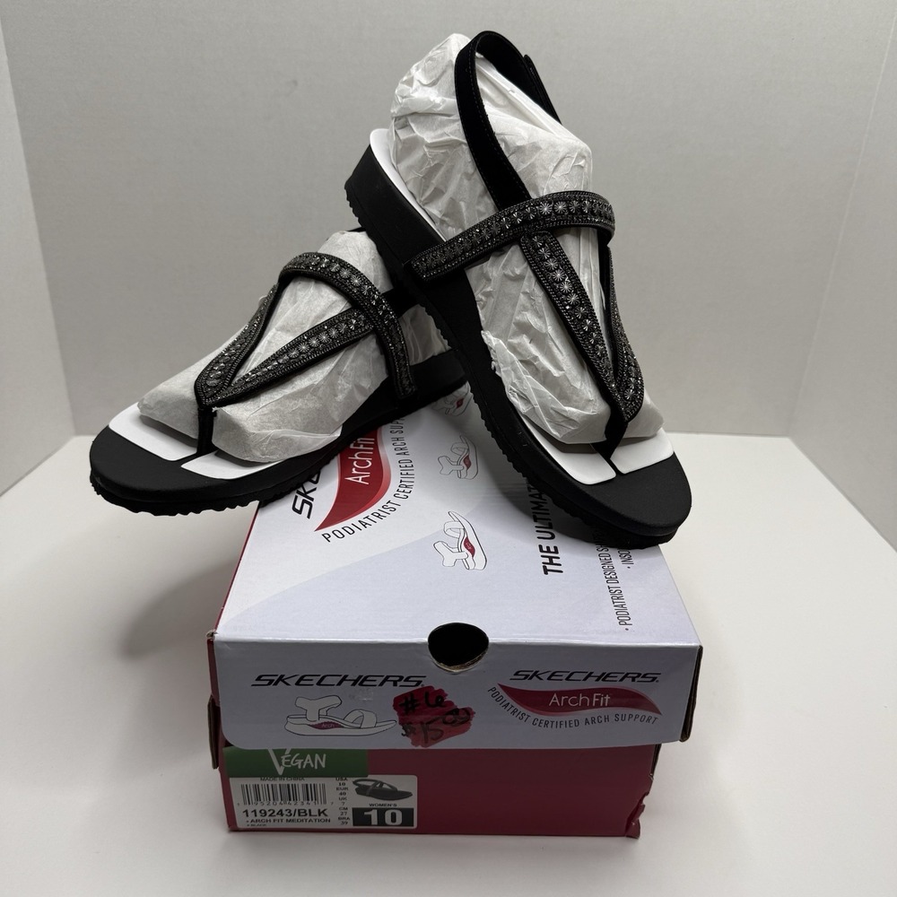 Skechers Arch Fit Meditation Sandals Black Rhinestone 119243 Womens 10